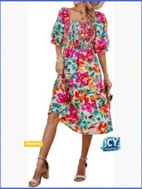 Polyester Puff Sleeve Square Neck A-Line Flowy Boho Floral Smocked Midi Dress